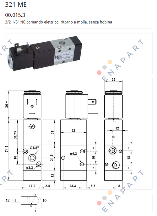 00.015.3 Type 321 ME, 1/8" електромагнетниот вентил